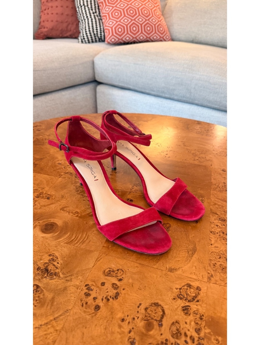 Via Spiga Red Suede Ankle Strap Heeled Sandals